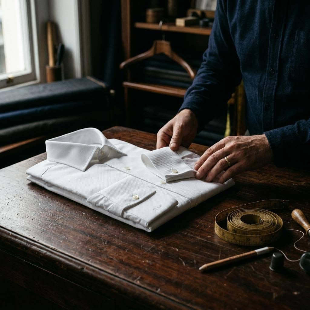 A close-up shot of a craftsman in a blue shirt meticulously folding a pristine white textured dress shirt on a rustic wooden workshop table, accompanied by a rolled vintage measuring tape and sewing tools.