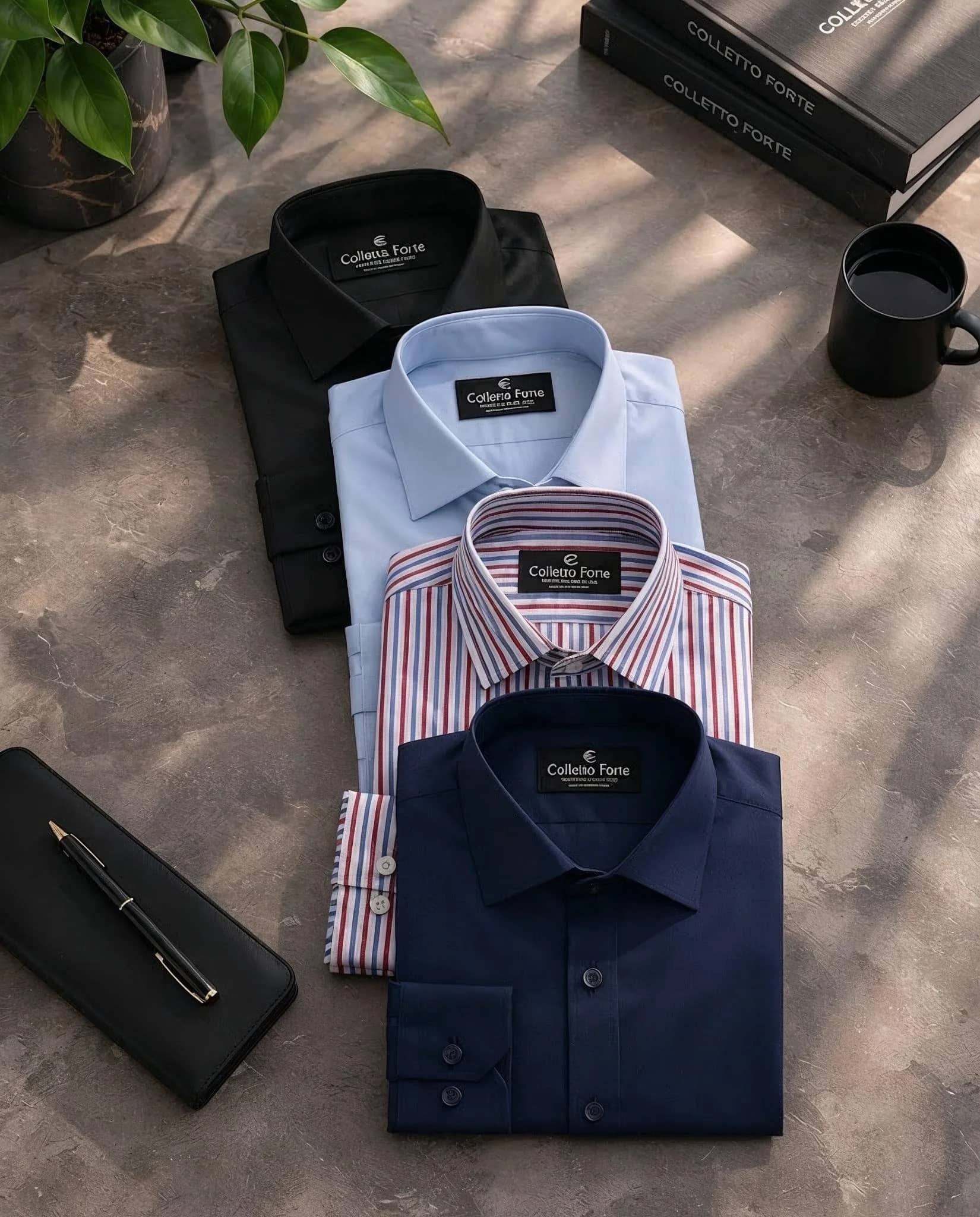 Four folded Colletto Forte men's dress shirts displayed on a surface, featuring a black shirt, a light blue shirt, a red-and-blue striped shirt, and a dark navy blue shirt, all showing the brand's inner collar label and folded cuffs.